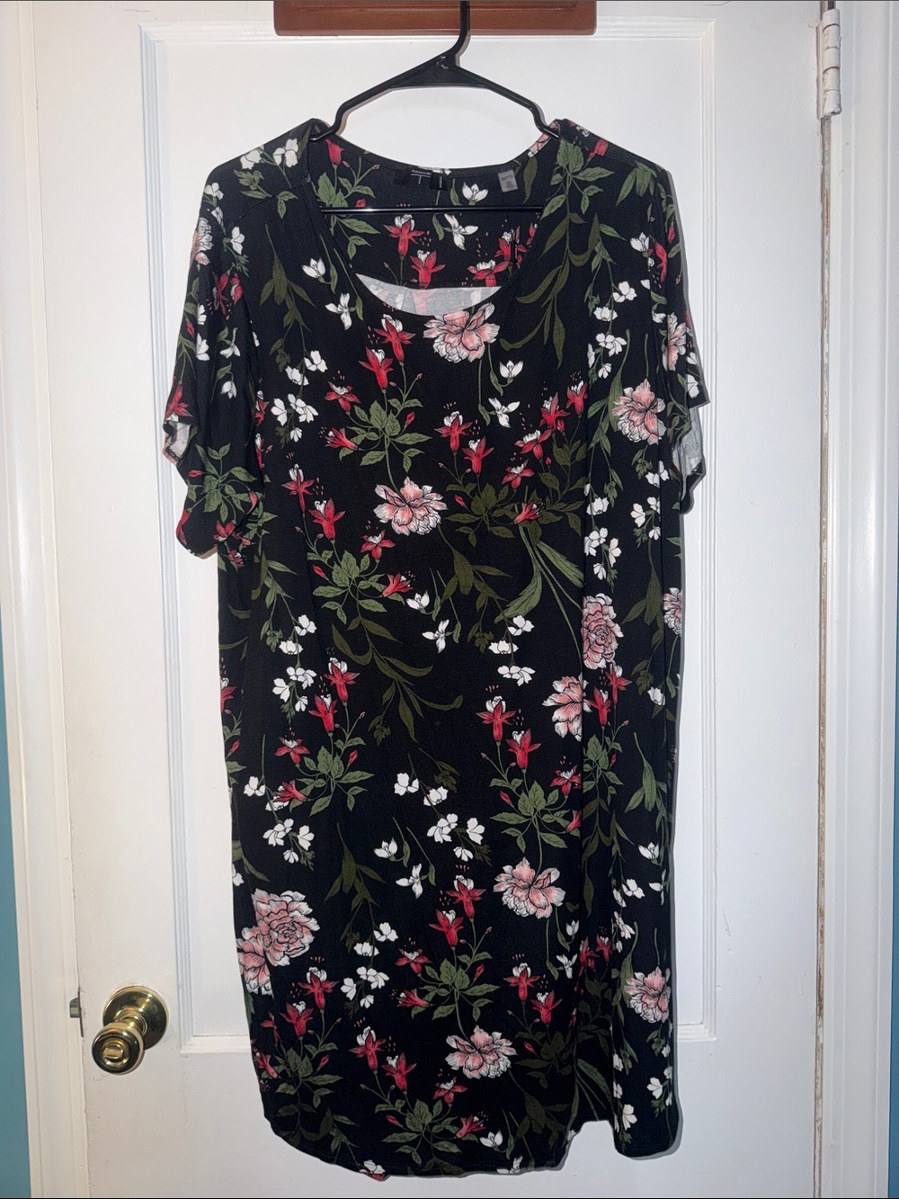 Tahari Black Floral Midi Dress with Pink and Red Flowers